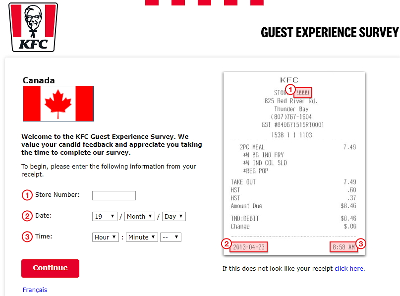 KFC Canada Survey Homepage