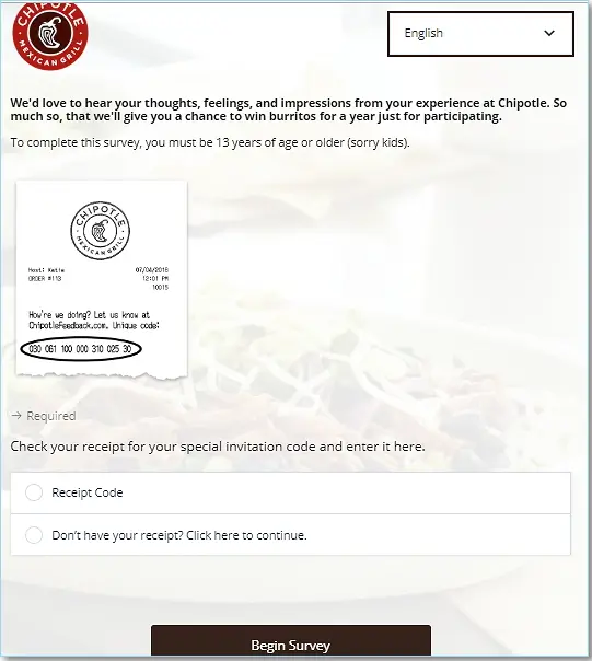 homepage of chipotlefeedback survey