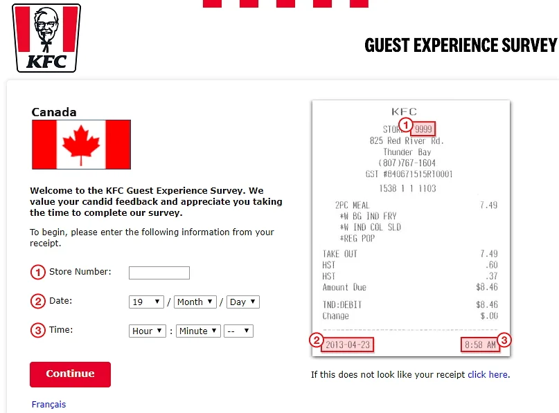KFC Canada Survey Homepage
